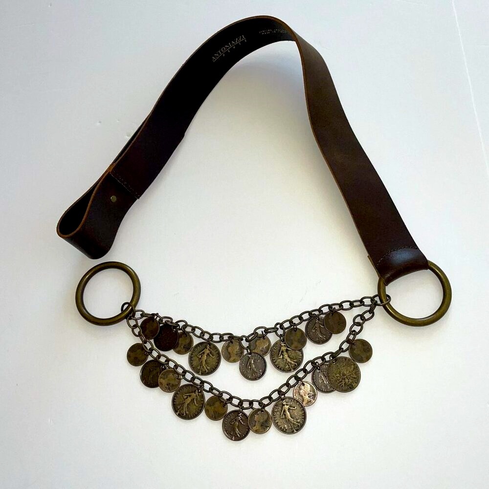 Antoniazzi Brown Leather Belt with Coin Chain Accents Handcrafted in Italy.